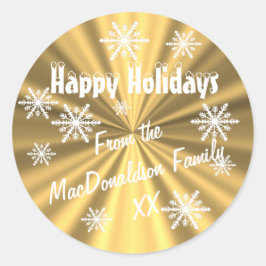 Prettige feestdagen Gouden en witte sneeuwvlokken  Ronde Sticker