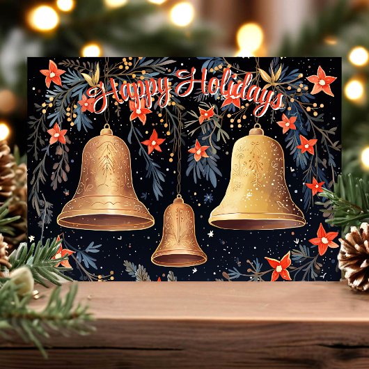 Prettige feestdagen gouden klokken en bloemen