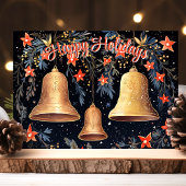 Prettige feestdagen gouden klokken en bloemen