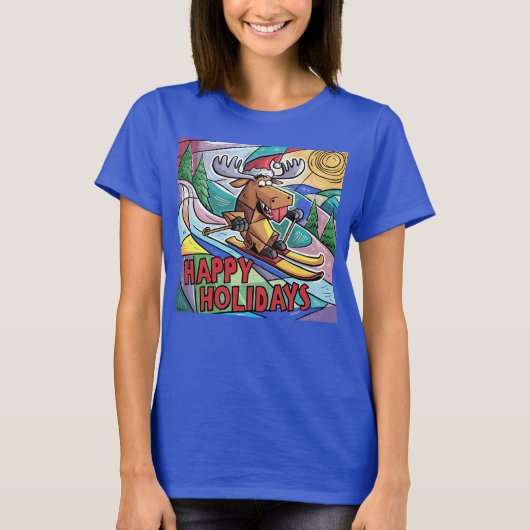 Prettige feestdagen Grappige Moose Skiing T-shirt (Voorkant)