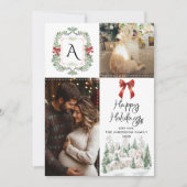 Prettige feestdagen Greenery Monogram Crest Bow Feestdagenkaart (Voorkant)