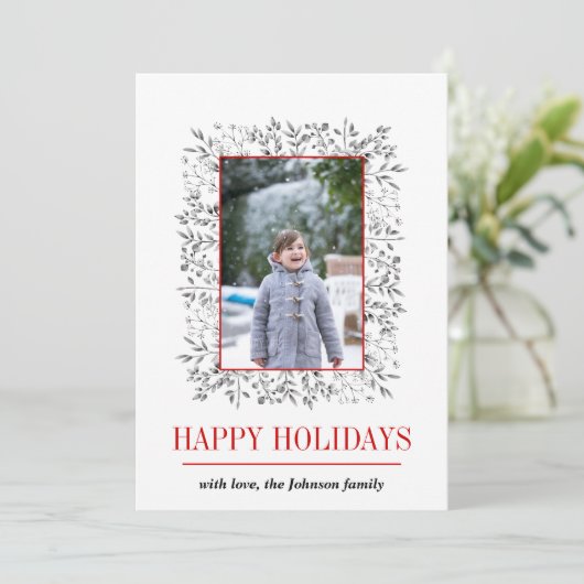 Prettige feestdagen Grijs rood bessen blad Feestdagenkaart (Staand voorkant)