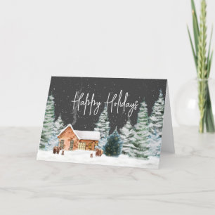 prettige feestdagen huisje bos beren sneeuw winter kaart