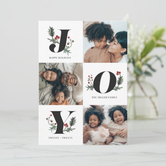 prettige feestdagen Joy Greenery & Holly Family Ph Feestdagenkaart (Staand voorkant)