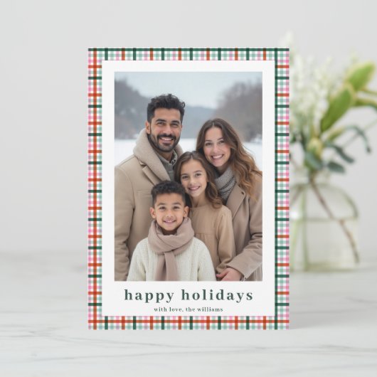 Prettige feestdagen Kaart Modern Gingham Family 2 (Staand voorkant)
