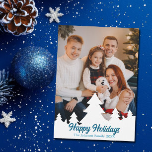 Prettige feestdagen Kerstbomen Familie Foto Blauw Feestdagenkaart