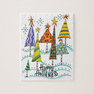 prettige feestdagen! kerstbomen met sterren legpuzzel