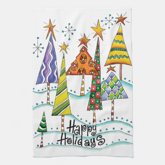prettige feestdagen! kerstbomen met sterren theedoek (Verticaal)