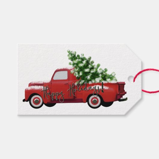 prettige feestdagen! kerstboom met rode vrachtwag cadeaulabel (Voorkant (Horizontaal))