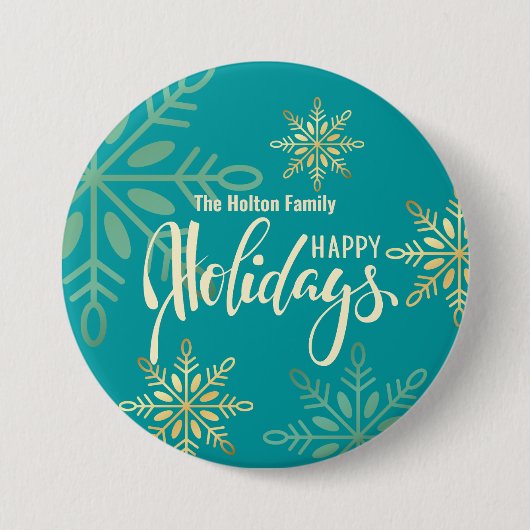 prettige feestdagen kerstgouden sneeuwvlokken groe ronde button 7,6 cm (Voorkant)