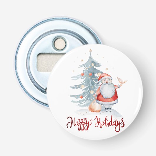 Prettige Feestdagen, Kerstman Kerstdennenboom Button Flesopener (Voorkant)