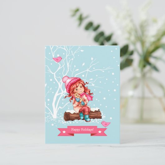 prettige feestdagen. Kerstmis met klein meisje en Feestdagenkaart (Staand voorkant)