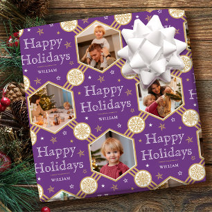 Prettige feestdagen Kerstmissneeuwvlok Foto Paarse Cadeaupapier