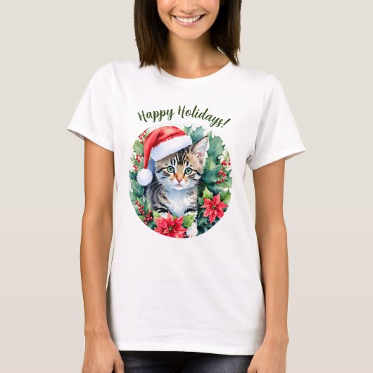 Prettige feestdagen Kitten in Santa Hat T-shirt (Voorkant)