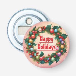 Prettige feestdagen Krans Kleurrijke Kerstsneeuw Button Flesopener