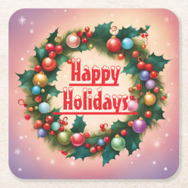 Prettige feestdagen Krans Kleurrijke Kerstsneeuw Vierkante Kartonnen Onderzetter