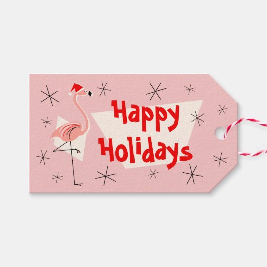 Prettige feestdagen label Flamingo Santa Pink Cadeaulabel (Voorkant (Horizontaal))