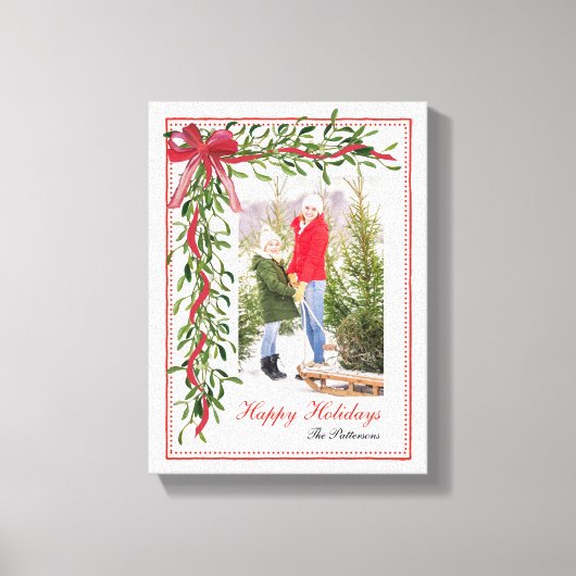 Prettige feestdagen Maretak Red Bow Familiefoto Canvas Afdruk (Voorkant)