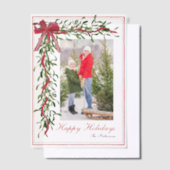 Prettige feestdagen Maretak Red Bow Familiefoto Vellum Uitnodigingen (Offset)