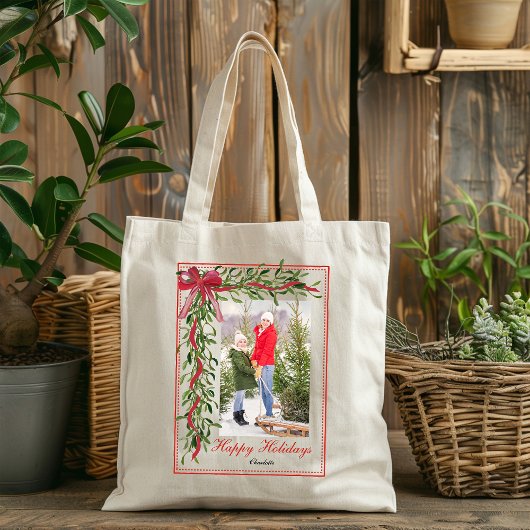 Prettige feestdagen Maretak Red Bow Naam Foto Tote Bag