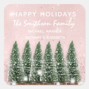 prettige feestdagen Merry kerstbomen Naam Roze Vierkante Sticker