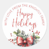 Prettige feestdagen Modern script rood boog van na Ronde Sticker (Voorkant)