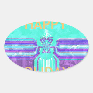 Prettige feestdagen Mooie blauwe cyaan vector ontw Ovale Sticker