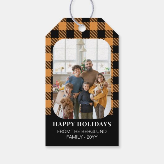 Prettige feestdagen Mosterd Buffalo Check Foto Cadeaulabel (Voorkant)