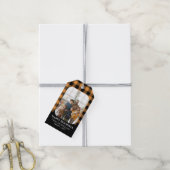 Prettige feestdagen Mosterd Buffalo Check Foto Cadeaulabel (Met Touw)