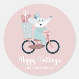 Prettige feestdagen Muis Rijden Fiets Gepersonalis Ronde Sticker