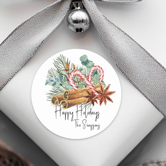prettige feestdagen Pine Candy Cane Bouquet Ronde Sticker