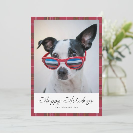 Prettige feestdagen Plaid Funny Dog Feestdagenkaart (Staand voorkant)