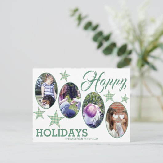 Prettige feestdagen Plaid Green Cream Sterren 4 Fo Briefkaart (Staand voorkant)