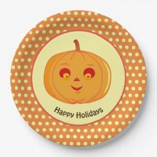 Prettige feestdagen Pumpkin Face & Polka Dots Papieren Bordje