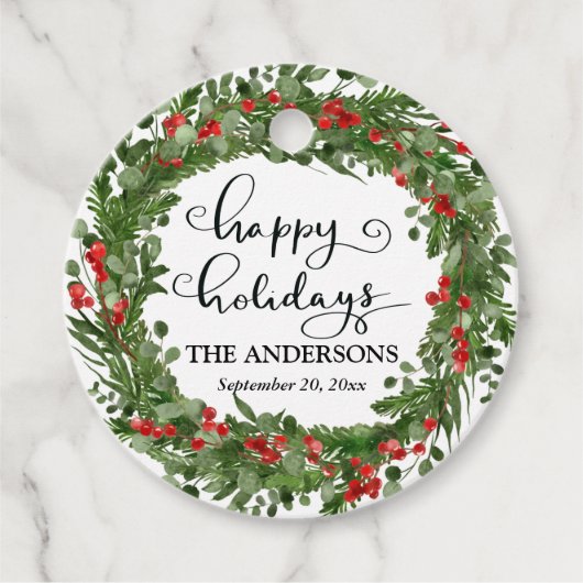 prettige feestdagen Red Berry Holly Leaves Wreath Bedankjes Labels (Voorkant)