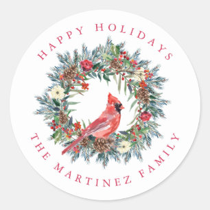 Prettige feestdagen Red Cardinal Pine Wreath Ronde Sticker