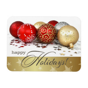 prettige feestdagen. Red Gold Baubles Gift Magneet
