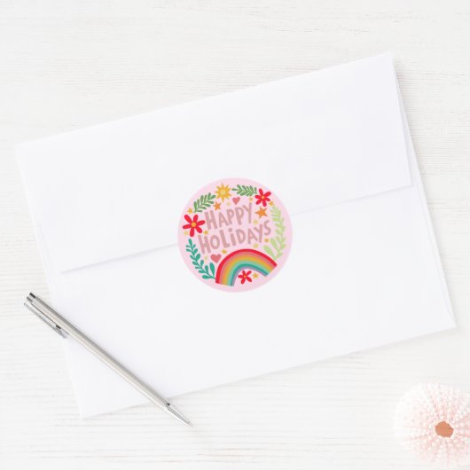 Prettige feestdagen Regenboog Schattige Hand-getro Ronde Sticker (Envelop)