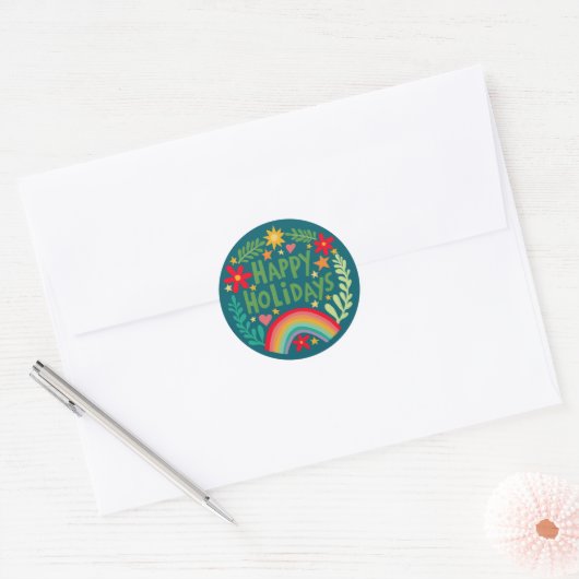 Prettige feestdagen Regenboog Schattige Hand-getro Ronde Sticker (Envelop)
