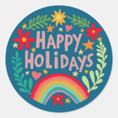 Prettige feestdagen Regenboog Schattige Hand-getro Ronde Sticker (Voorkant)