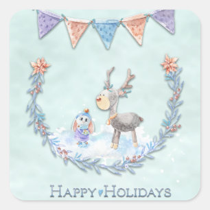 prettige feestdagen Reindeer Bunny Wreath Snow Sce Vierkante Sticker