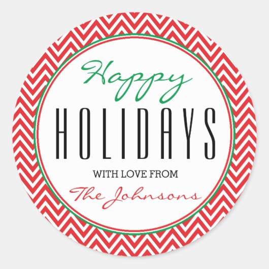 Prettige feestdagen Rood & Wit Chevron "Xmas Ronde Sticker (Voorkant)