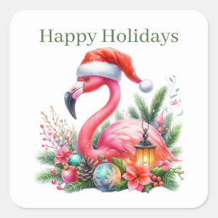 Prettige feestdagen roze flamingo kerst vierkante sticker