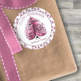 Prettige feestdagen Roze Kerstboom Gift Label Stic