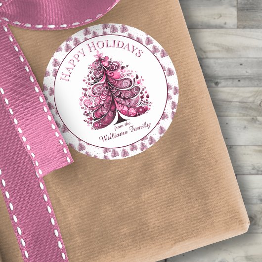 Prettige feestdagen Roze Kerstboom Gift Label Stic
