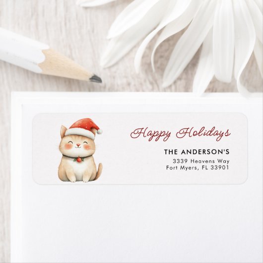 Prettige feestdagen Schattigee Kerstkat Kat Adres Etiket (Insitu)