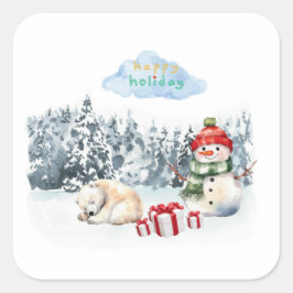PRETTIGE FEESTDAGEN SCHATTIGEE SNEEUWMAN VOOR KIND VIERKANTE STICKER