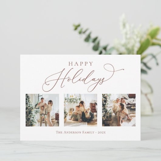 Prettige feestdagen Script Brown 2 Multi Photo Col Feestdagenkaart (Staand voorkant)