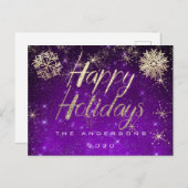 prettige feestdagen Script Gold Snow Paarse Spark  Briefkaart (Voorkant / Achterkant)