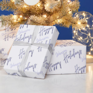 prettige feestdagen Script Name Blue White Winter Cadeaupapier